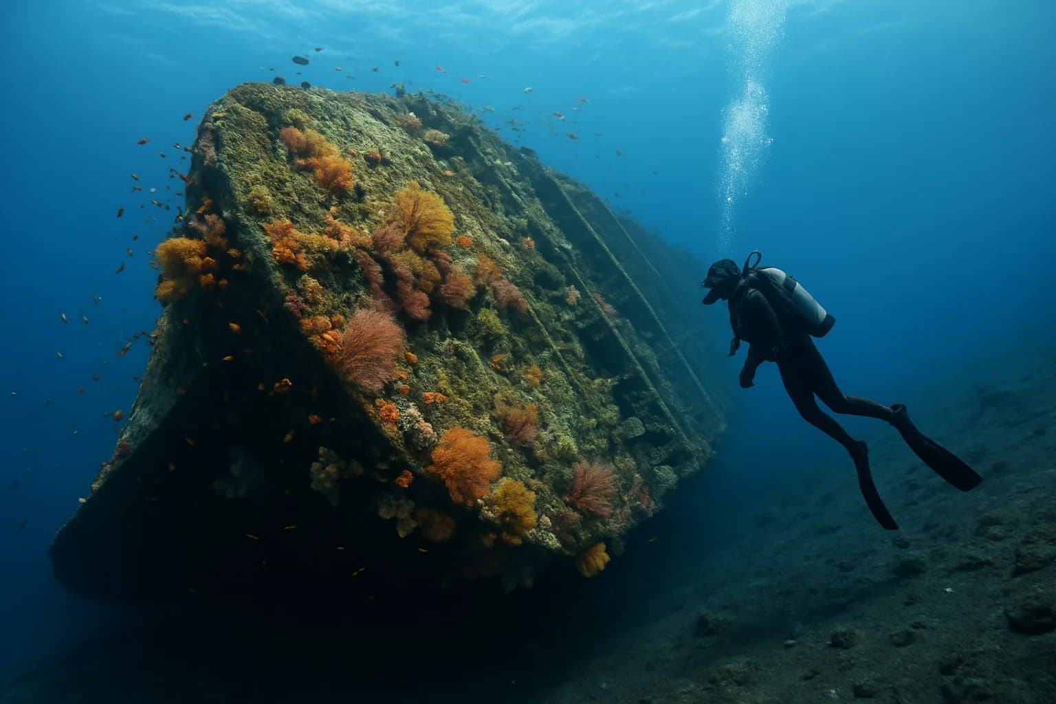 Plongeur évoluant le long de la coque corallisée d'une épave de cargo couchée sur un fond volcanique en eau claire