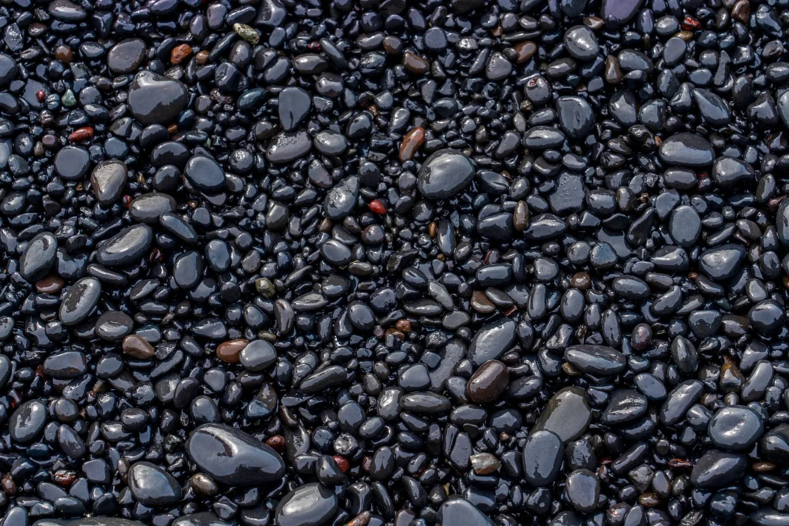 Gros plan sur les galets noirs volcaniques arrondis et mouillés du rivage d'Amed, est de Bali