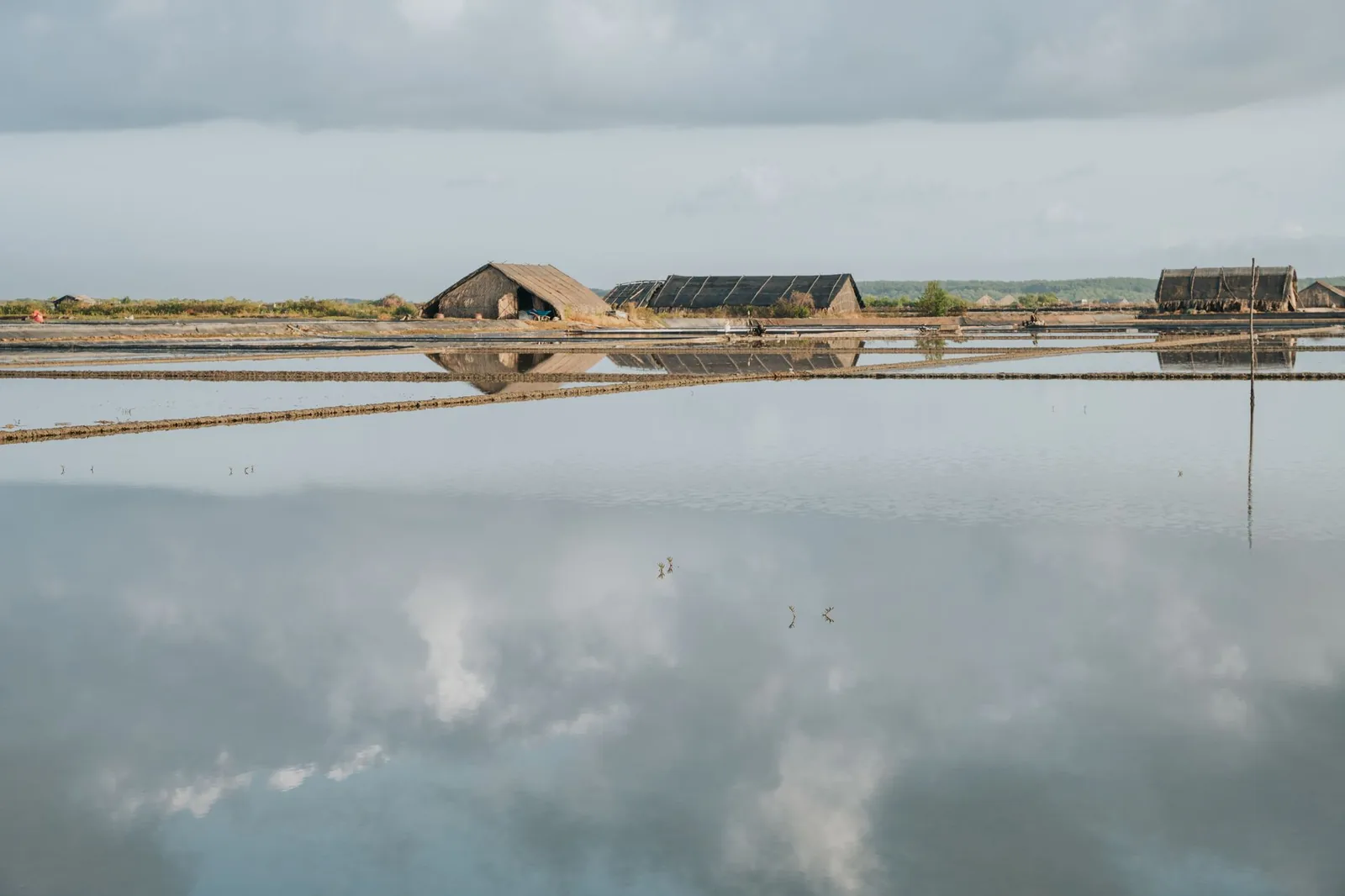 Bassins d'évaporation d'une saline traditionnelle et huttes de séchage en bambou au bord de l'eau, Indonésie