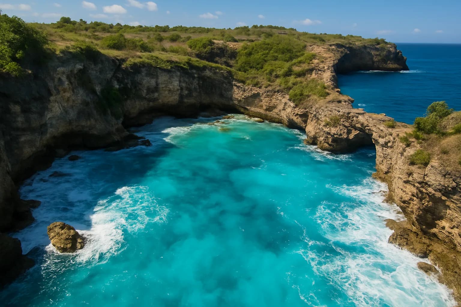 Eau turquoise agitée au pied des falaises du Blue Lagoon, Nusa Ceningan