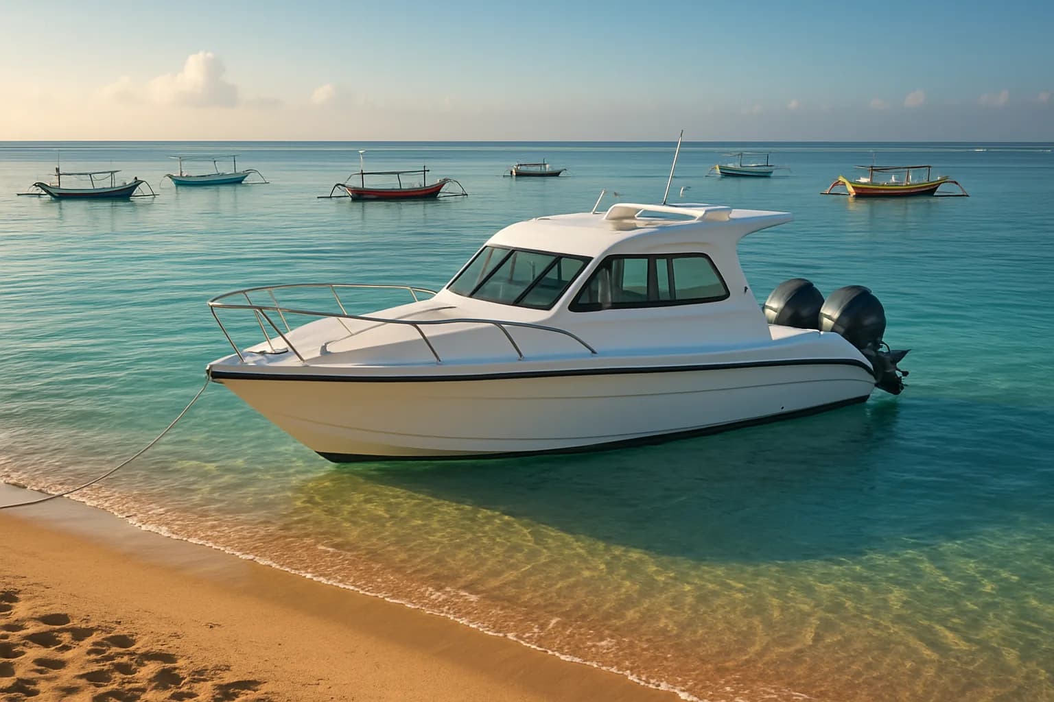 Fast boat au mouillage près de la plage de Sanur, avec des jukungs au large