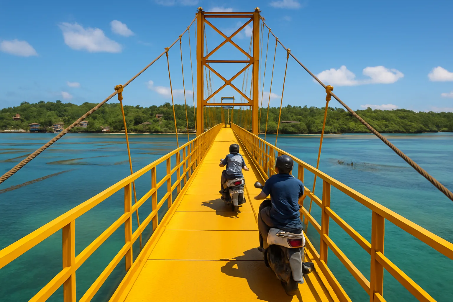 Pont jaune reliant Nusa Lembongan à Nusa Ceningan, traversé par des scooters