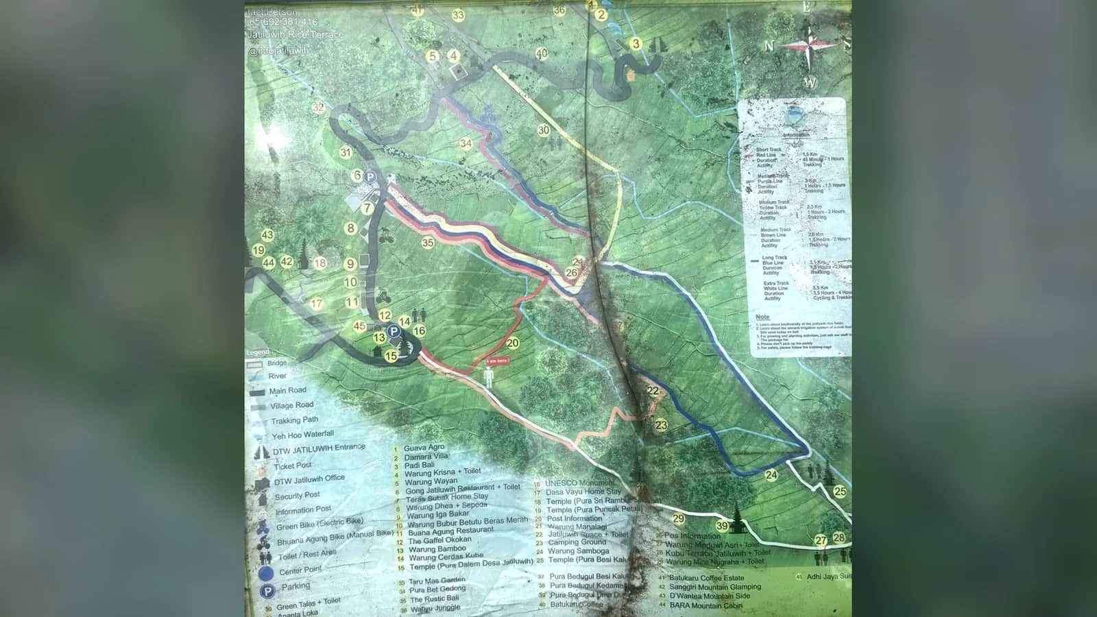 Carte officielle des sentiers de Jatiluwih Rice Terrace : les six tracés balisés par couleur, leurs durées, les warungs et la cascade de Yeh Hoo