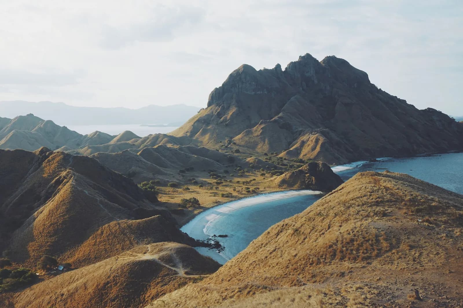 Collines de savane sèche et baie du parc national de Komodo en fin de saison sèche, Indonésie