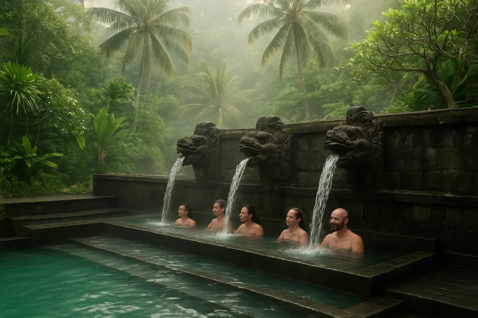 Bassin des sources chaudes de Banjar, gargouilles naga déversant l'eau thermale dans la jungle, nord de Bali