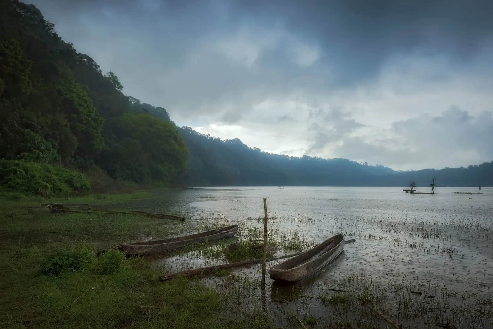 Pirogues en bois sur un lac de montagne calme entouré de forêt, Bali