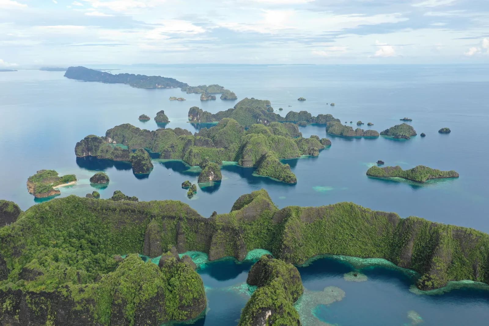 Panorama en hauteur sur les pitons karstiques et les lagons du nord de Raja Ampat