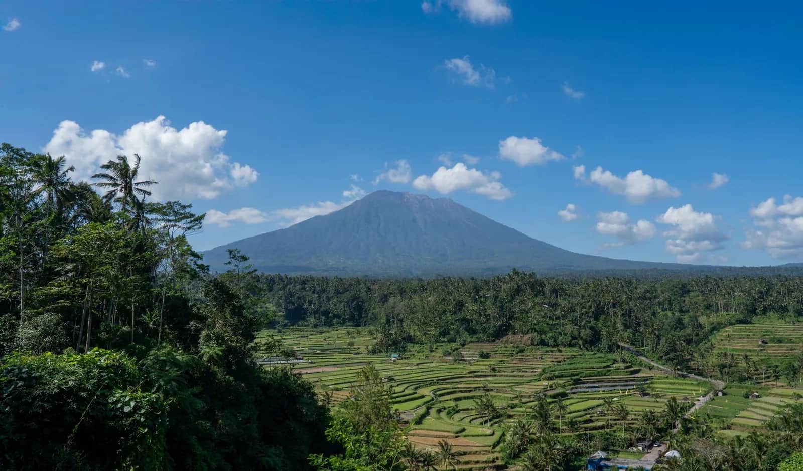 Rizières en terrasse face au cône du Gunung Agung, dans l'est de Bali