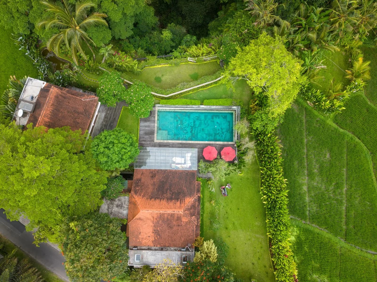 Villa balinaise avec piscine entourée de rizières, vue aérienne