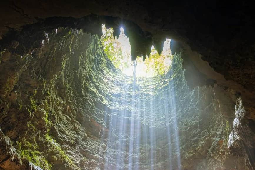 Rayons de lumière tombant du puits d'effondrement de la grotte de Jomblang, à Gunungkidul